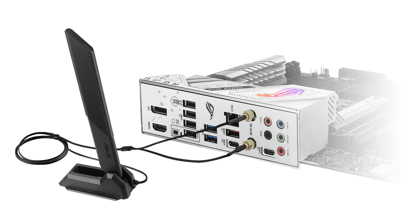 La ROG Strix B760-G comprend le WiFi 6E, une antenne incluse et l’ethernet 2,5 Gb