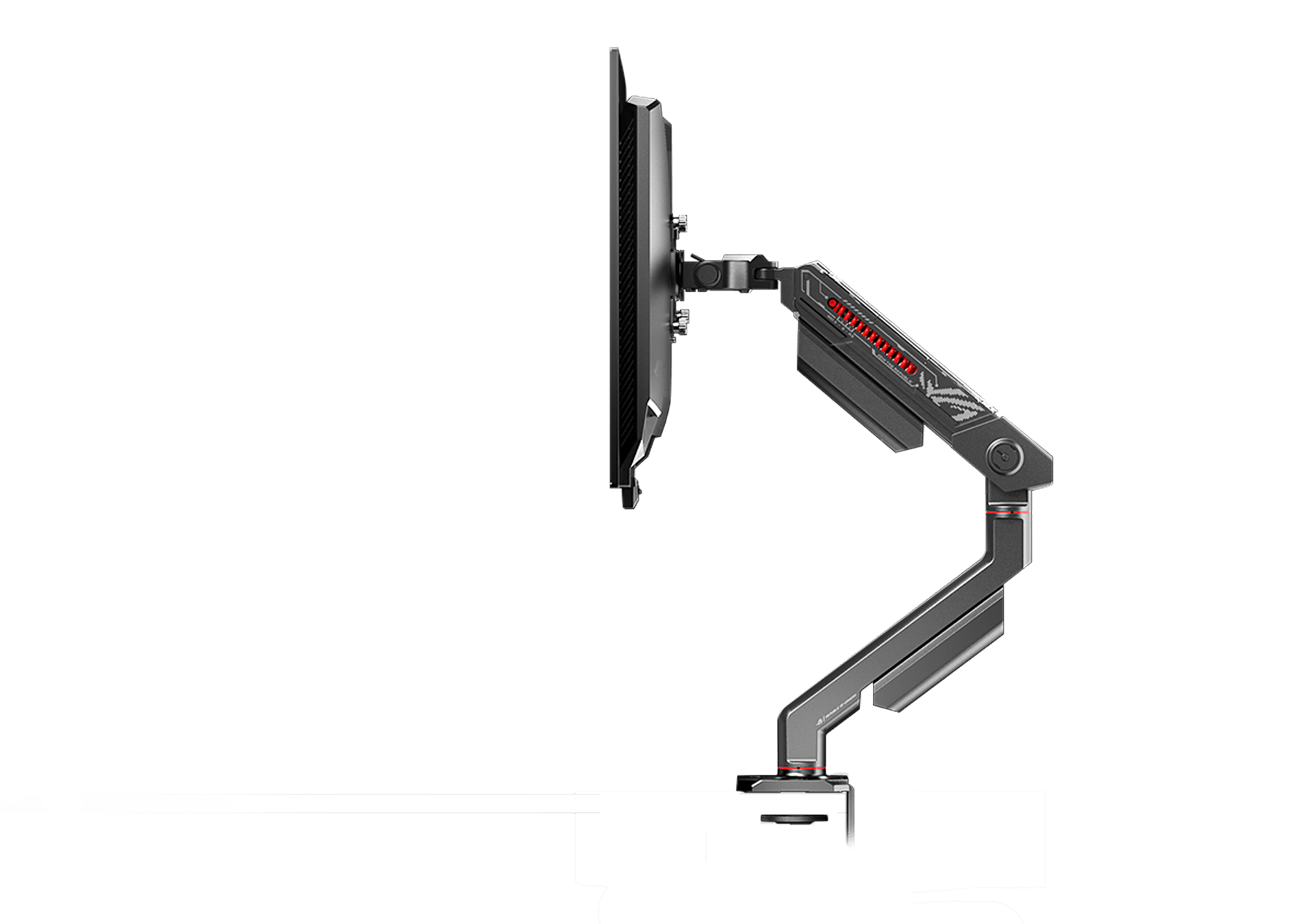 Le ROG Ergo Monitor Arm est doté de trois articulations réglables qui permettent aux utilisateurs d'ajuster sa hauteur, ainsi que de le déplacer vers l'avant et vers l'arrière.