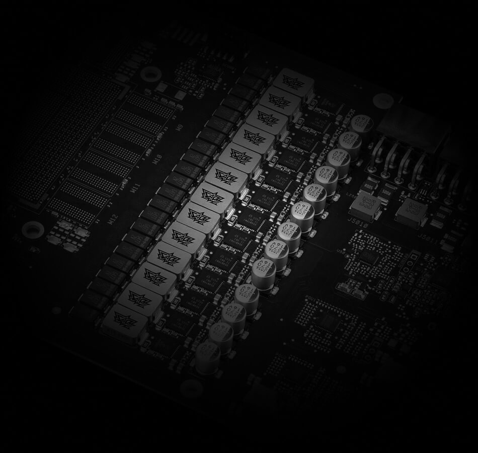 Graphics card circuit board closeup highlighting power delivery component layout