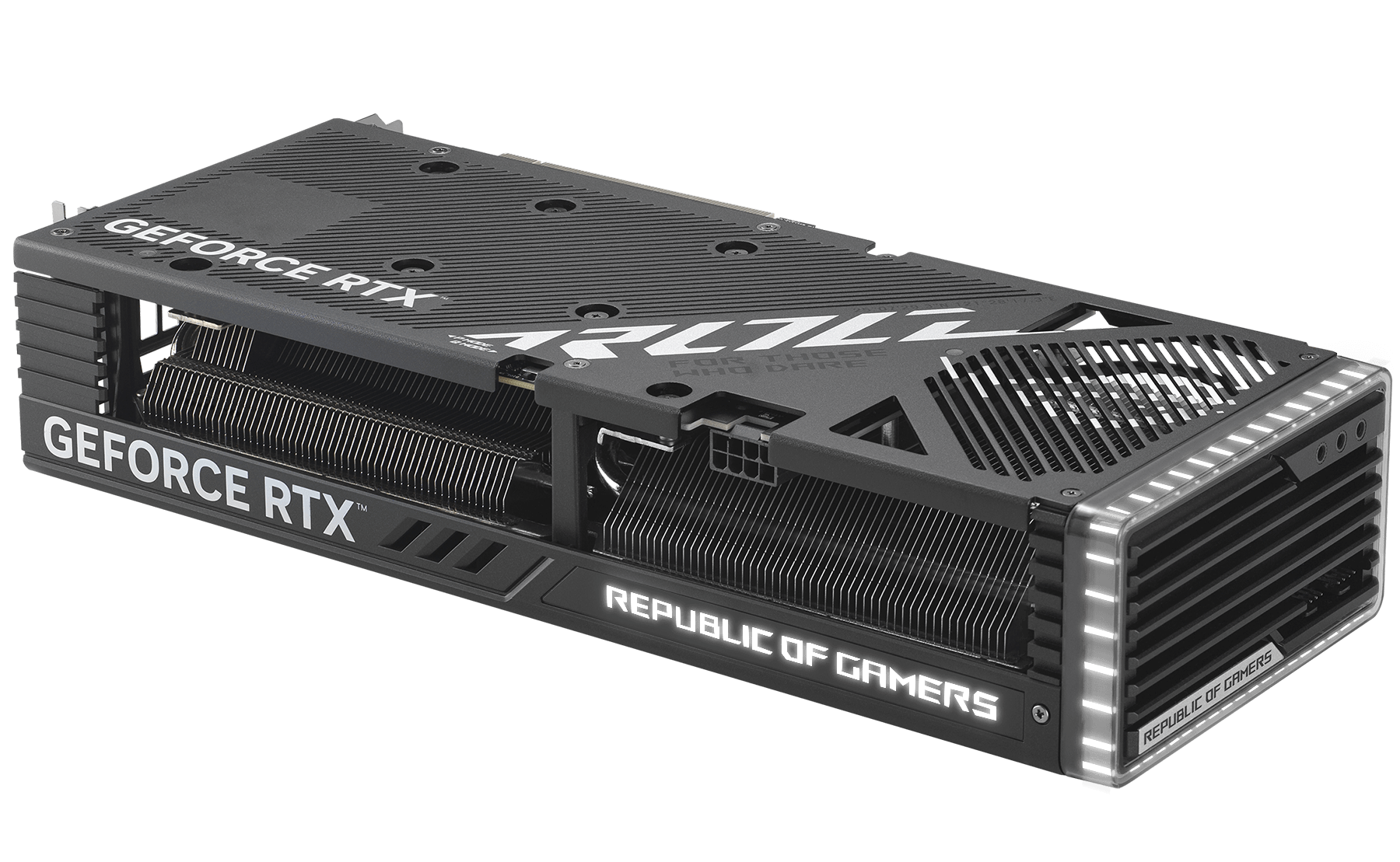 Angled view of the ROG Strix GeForce RTX 4060 Ti graphics card, highlighting the ARGB element