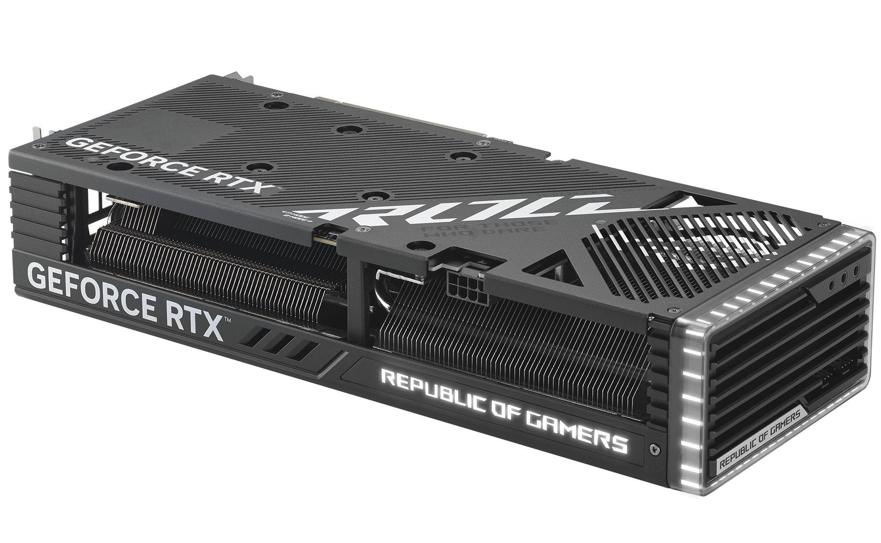 Vue en angle de la carte graphique ROG Strix GeForce RTX 4060 Ti, mettant en évidence l'élément ARGB