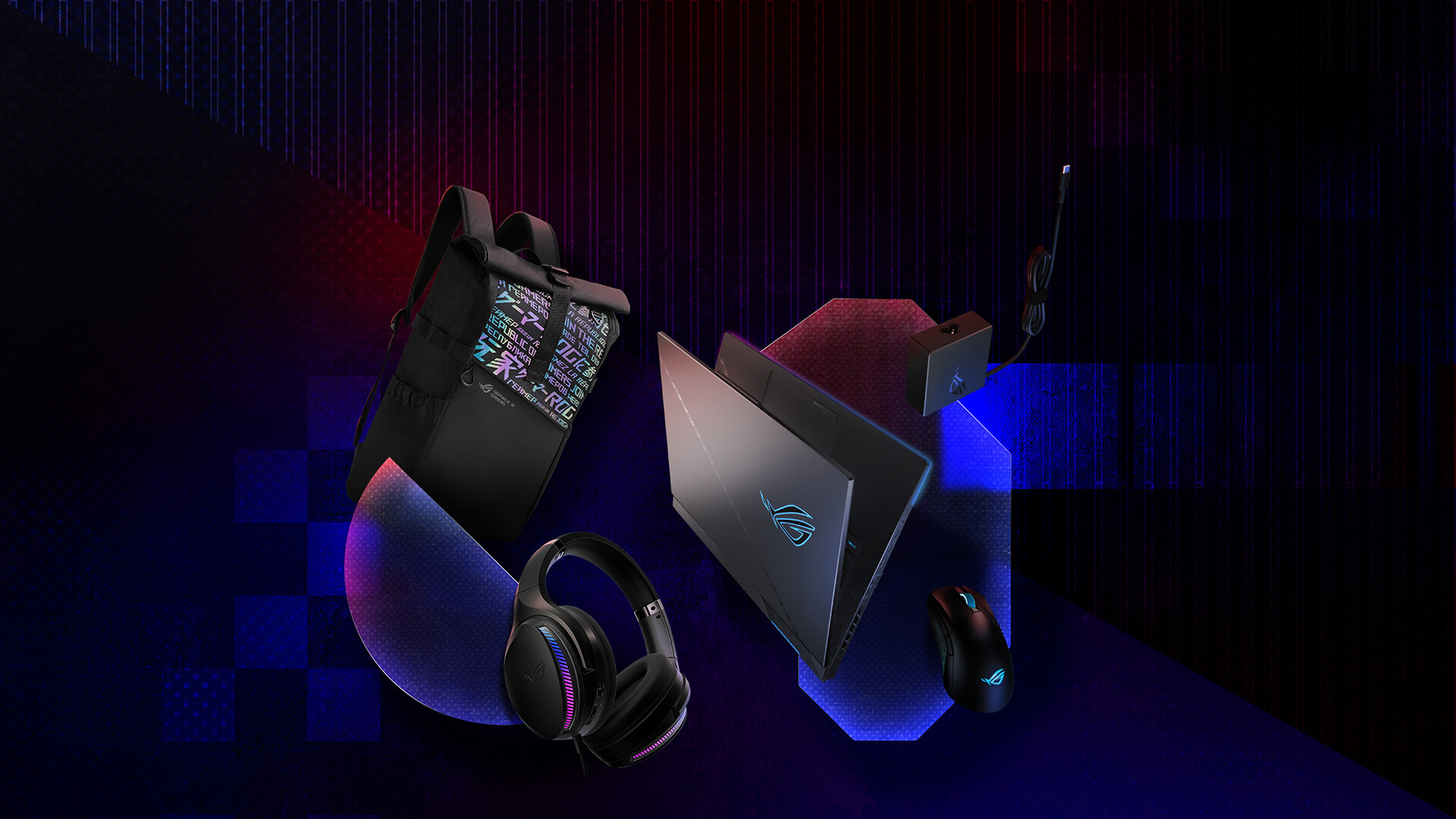 In front of an ROG patterned background, from left to right; an ROG backpack, ROG Fusion II 300 headset, SCAR 16, 100W adapter, and ROG Strix Gladius III mouse.