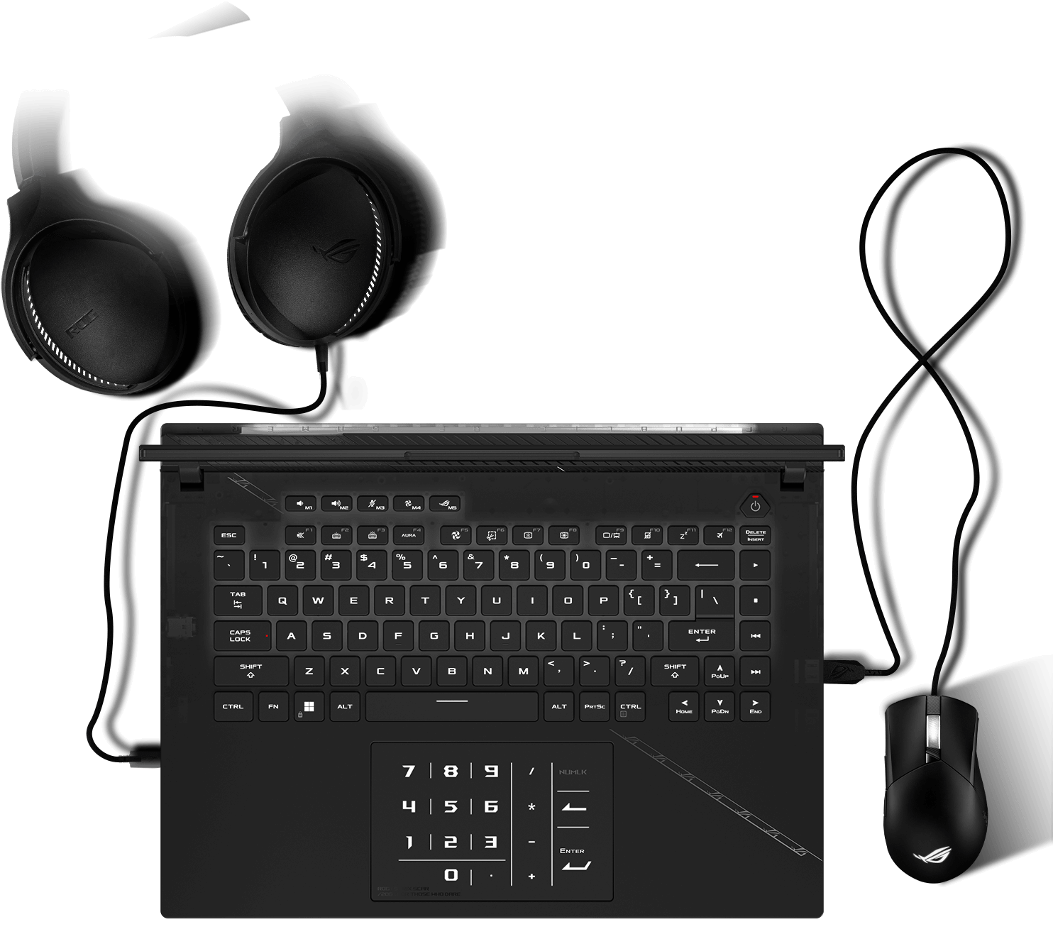 Pohled na klávesnici se světelnými Aura efekty synchronizovanými s myší a headsetem.