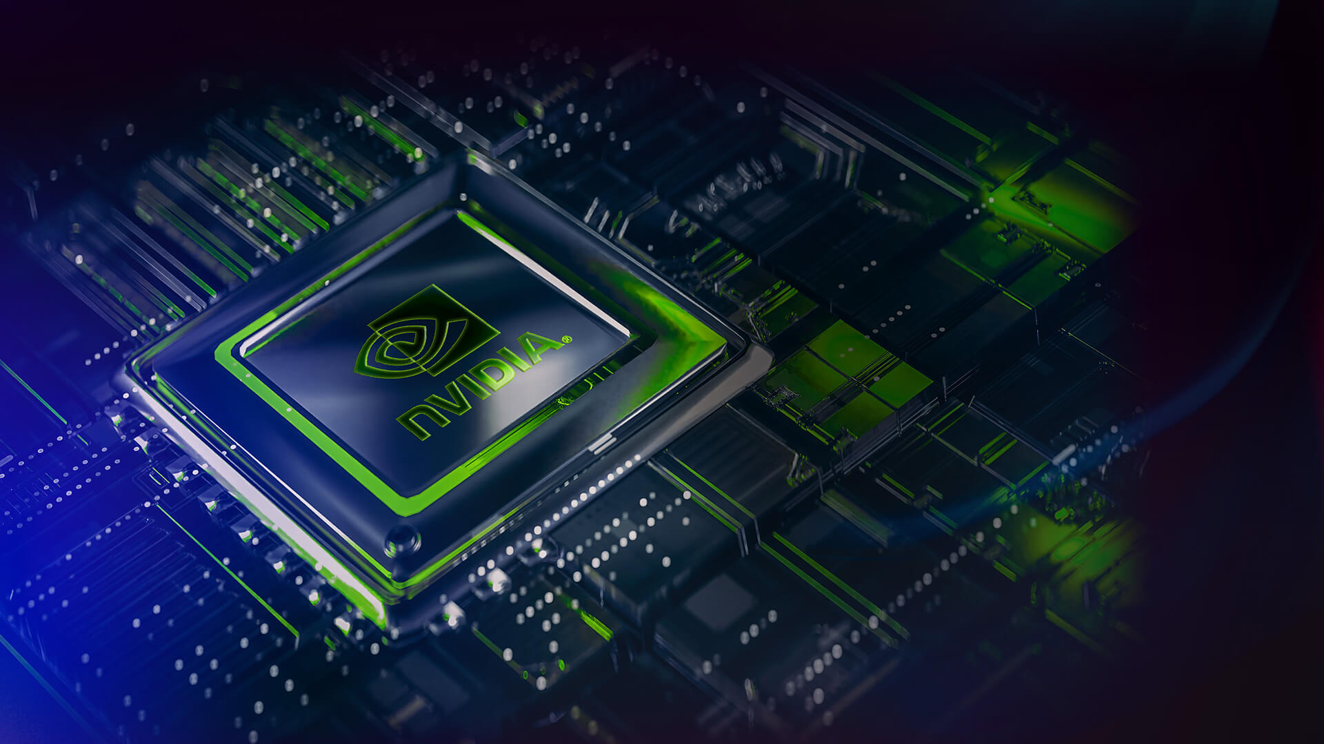 O Molde do GPU NVIDIA GeForce RTX numa PCB, com eletricidade a fluir para ele.
