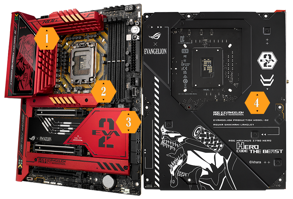 The ROG Maximus Z790 Hero EVA-02 Edition features an upgraded cooling solution and The backplate of the ROG Maximus Z790 Hero EVA-02 Edition