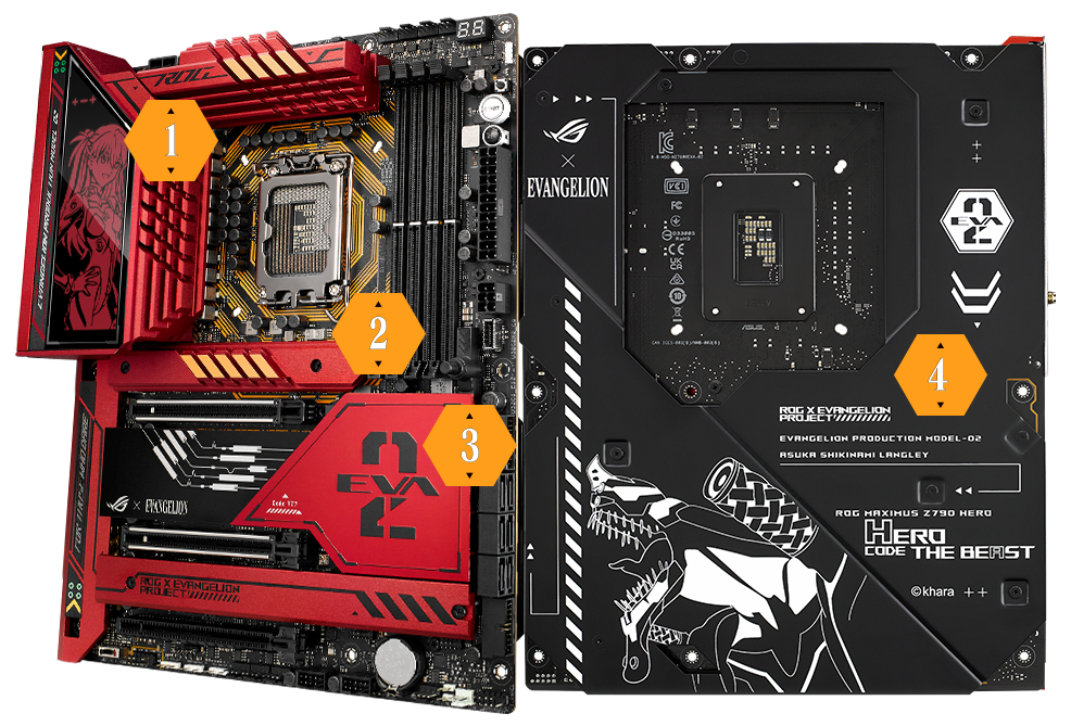 Základná doska ROG Maximus Z790 Hero EVA-02 Edition je vybavená vylepšeným riešením chladenia a backplatom ROG Maximus Z790 Hero EVA-02 Edition