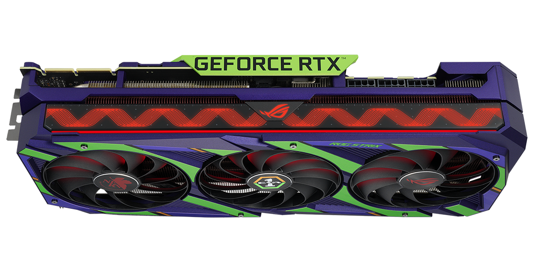 Bovenaanzicht van de ROG Strix GeForce RTX 3090 EVA Edition, met de nadruk op de dikte van de kaart en het RGB-element.