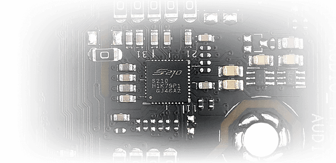 Closeup of ROG Strix B560-G Gaming WiFi highlighting S210 audio chip