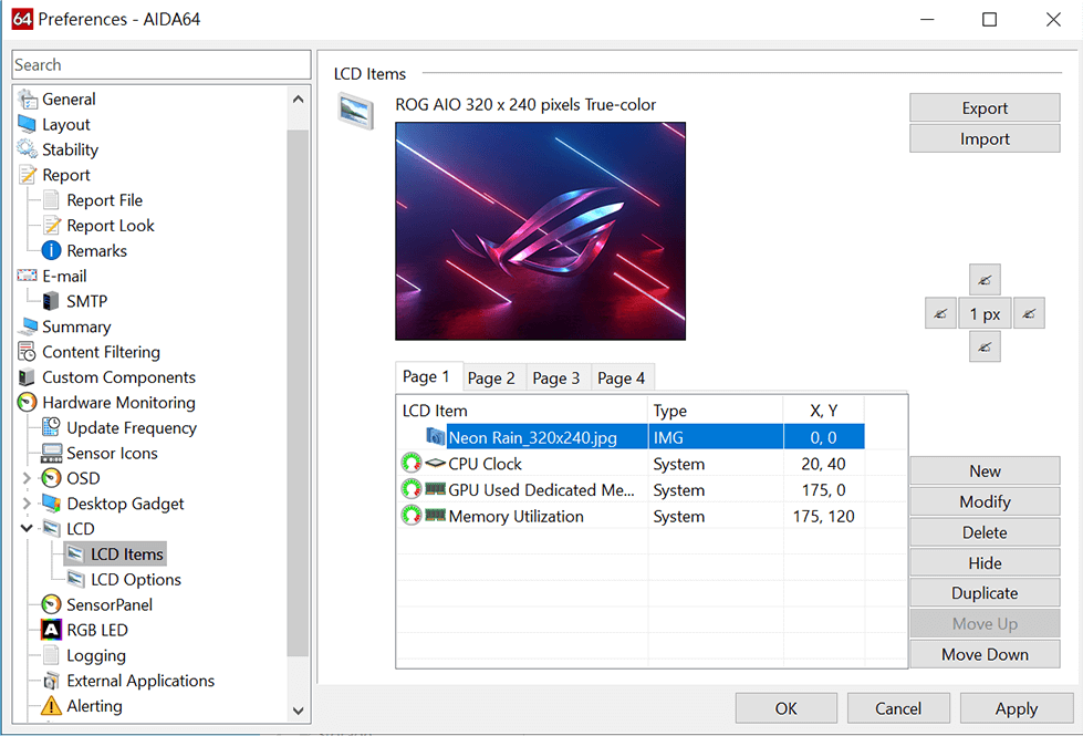 Screenshot of AIDA64 monitor preferences