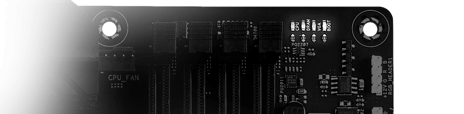 Closeup of ROG Strix B560-G Gaming WiFi Q-LED diagnostic lights