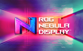 ROG Nebula LOGO and “ROG Nebula Display™” on a pink and blue background. 