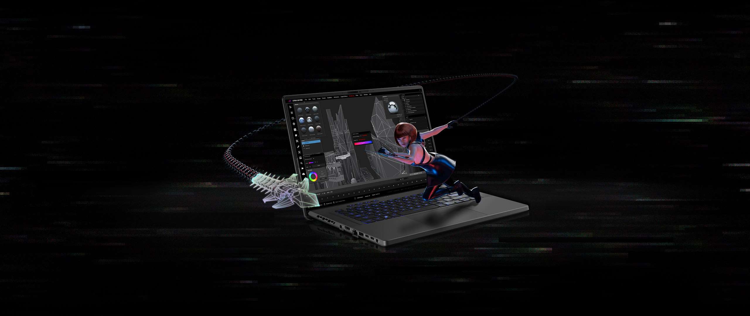 ROG SAGA character SE7EN rendered above the Zephyrus M16’s keyboard and using a digital whip, with game development software and a cityscape scene seen on screen. 