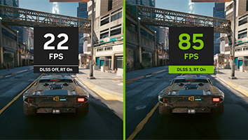 Side by side screenshots of gameplay, on the left showing low FPS with DLSS disabled and ray tracing turned on, with the right showing substantially higher FPS with DLSS 3 enabled along with ray tracing. 