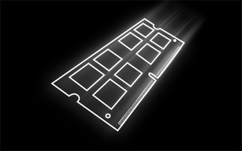 2D wireframe of a DDR5 RAM module, with white outlining on a black background. 