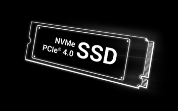 2D wireframe of a PCIe Gen4 NVMe SSD, with white outlining on a black background. 