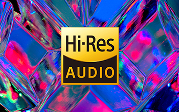 Hi-Res audio logo on technicolor background. 