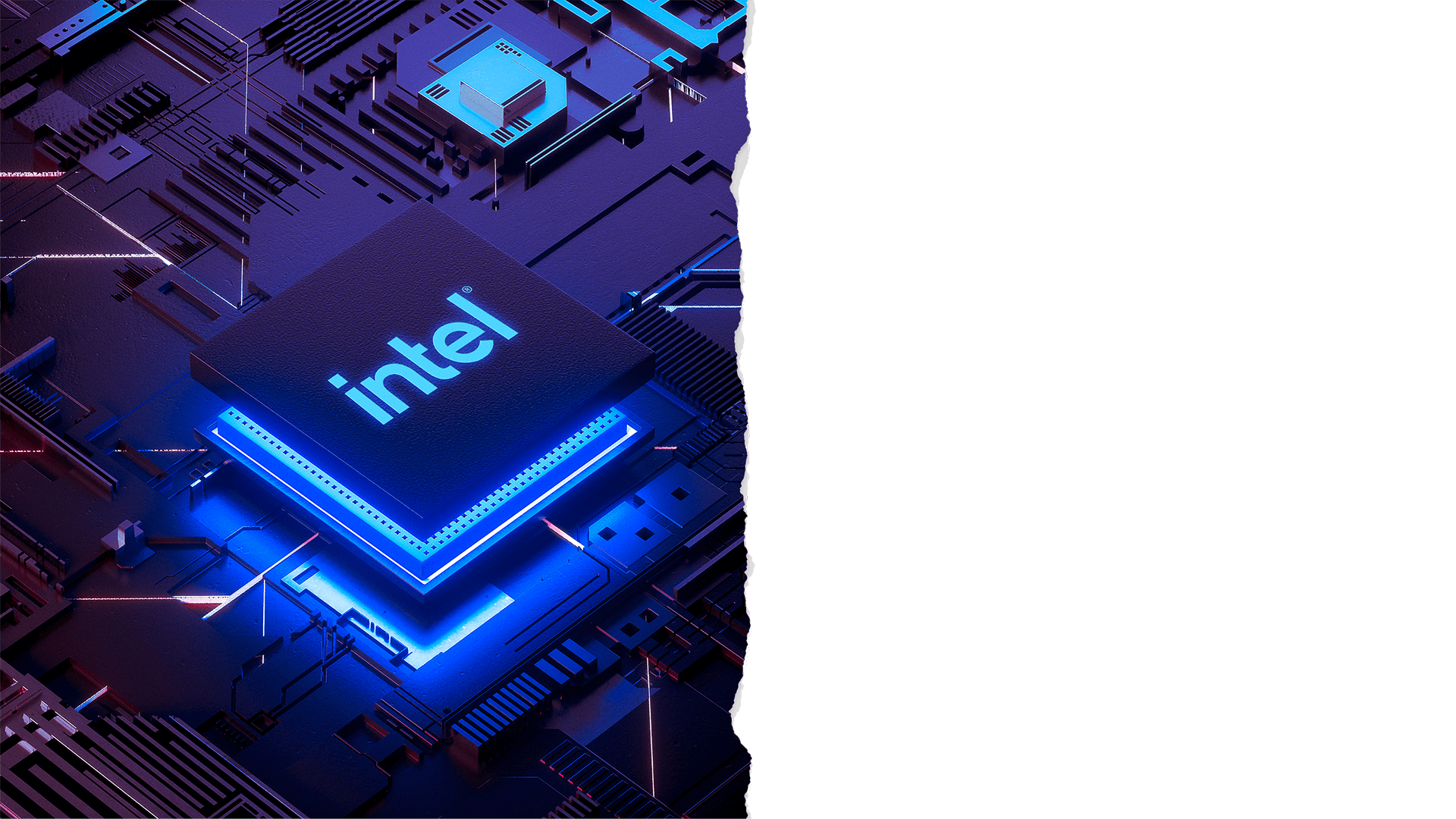 CPU Intel nằm trên một bo mạch chủ màu tím cách điệu với dòng điện chạy tới bộ vi xử lý