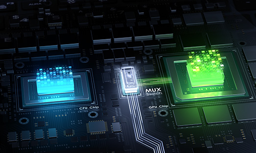 비디오 신호를 디스플레이로 경로 설정하는MUX 스위치와  CPU, GPU의 3D 렌더링.