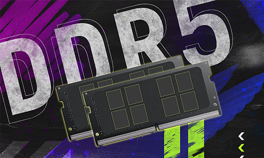 DDR5 記憶體模組的 2D 線框圖，在模糊的紫色背景前。