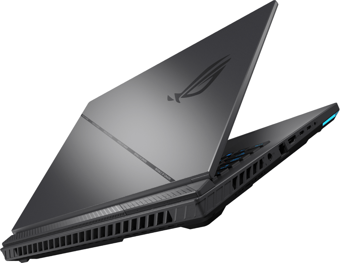 Ноутбук G16 летить через екран, видна його задня сторона на різнобарвному фоні.