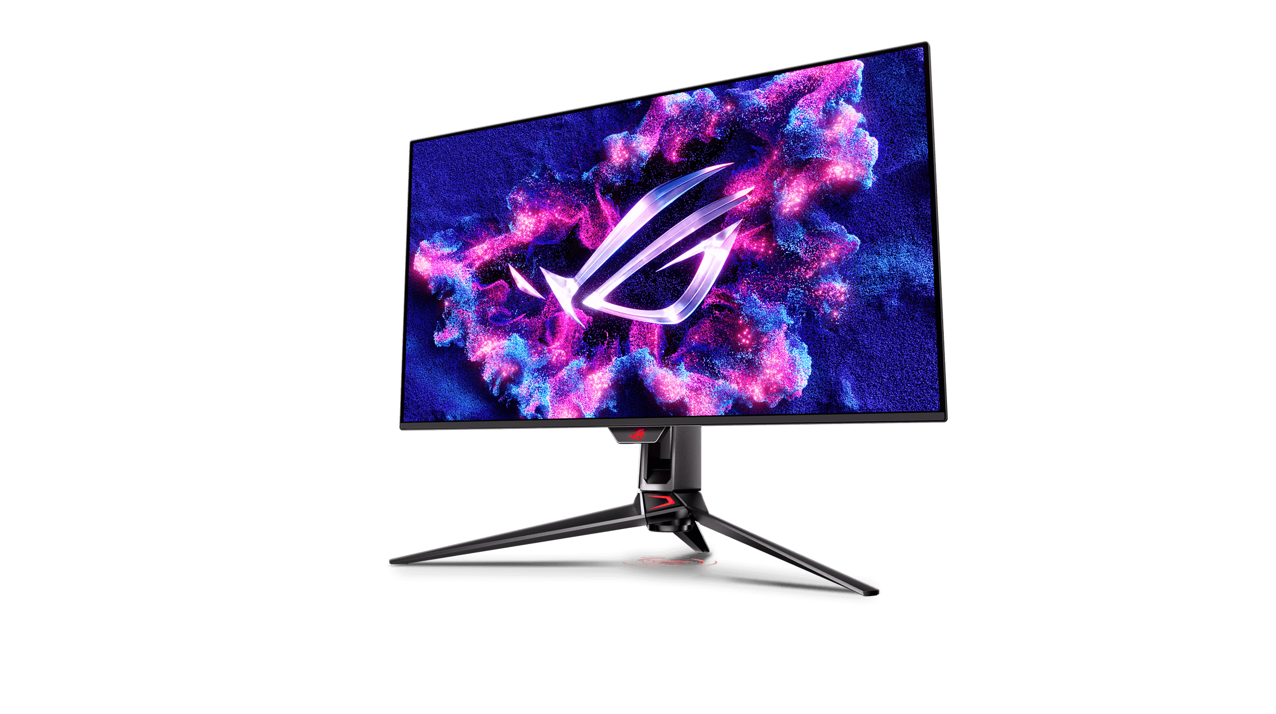 Der ROG Swift OLED PG32UCDM Gaming-Monitor vor einem dunklen Hintergrund, der von einem Scheinwerfer angestrahlt wird