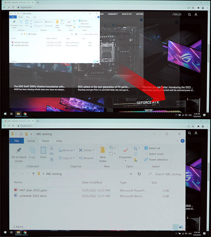 Comparison images showing a white window being enlarged in the first image, with display brightness getting dimmer in the second image