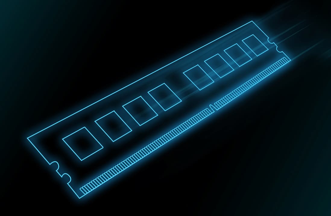 帶有藍色輪廓的 RAM 出現在黑色背景上。