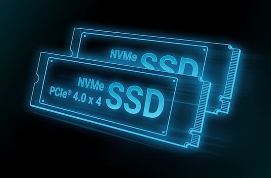 帶有藍色輪廓的 NVME SSD 出現在黑色背景上。