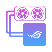 A purple square with the ROG logo and two lines flowing out to a set of fans