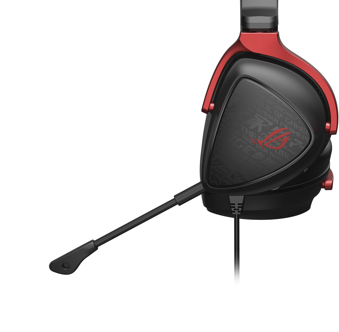 ROG Delta S Core 聚焦於右側耳罩，它具備通過 teamspeak 和 dicord 認證的吊桿麥克風