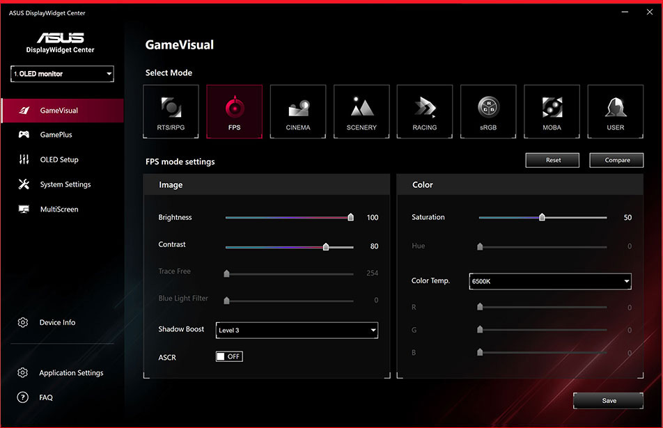 The new ASUS DisplayWidget Center UI showing system settings, OLED functions, and more.
