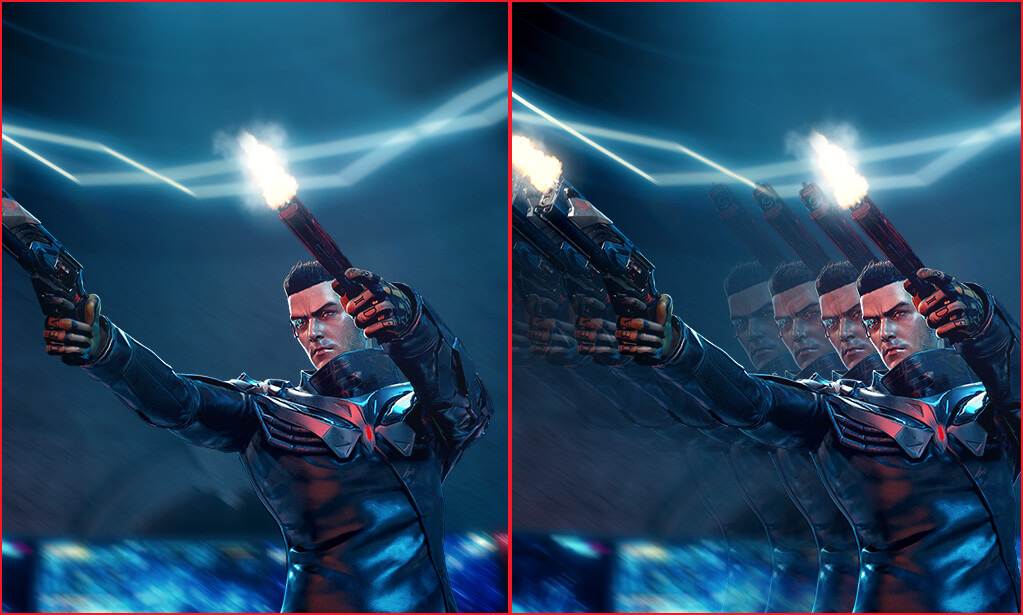 Une image claire et nette d'un personnage du jeu tirant deux coups de feu / Une capture d'écran d'un personnage du jeu tirant deux coups de feu, l'image montre un flou de mouvement considérable.