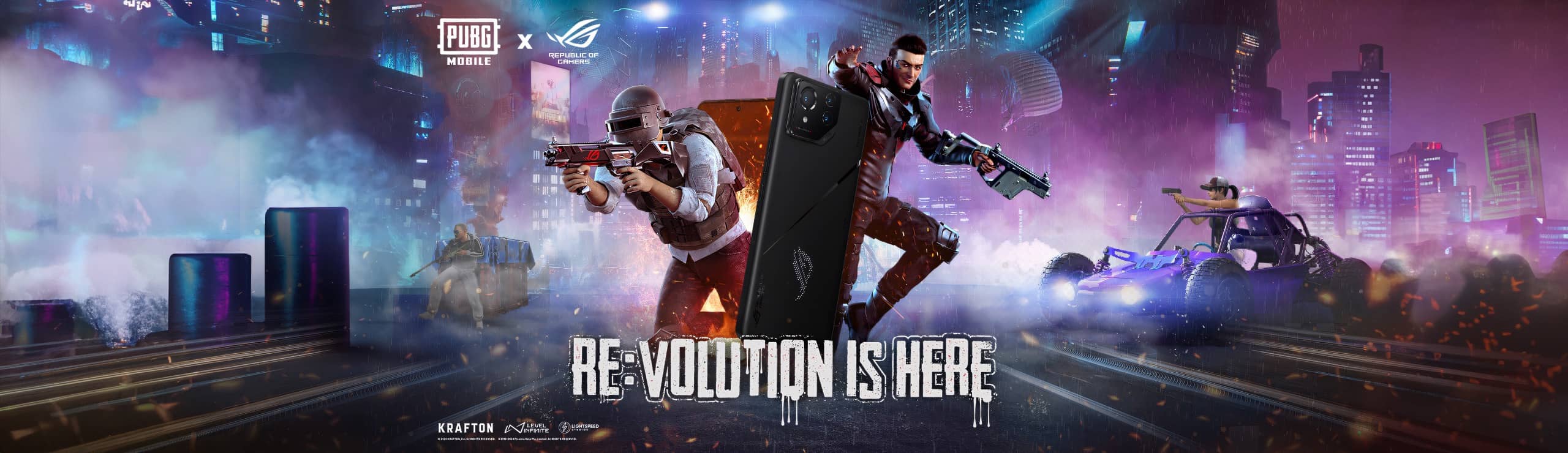 The characters from ROG SAGA and PUBG Mobile stand beside the ROG Phone 8 Pro against a cyberpunk-style background.