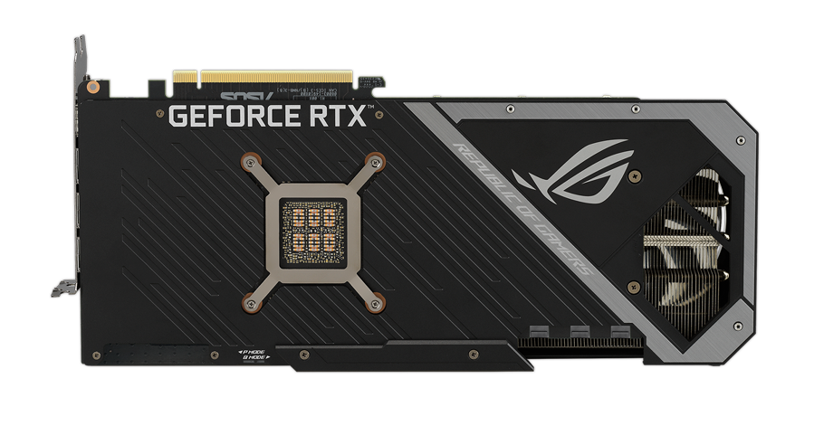 ROG STRIX RTX 3080 OC EDITION top view showing vented backplate and shortened circuit board