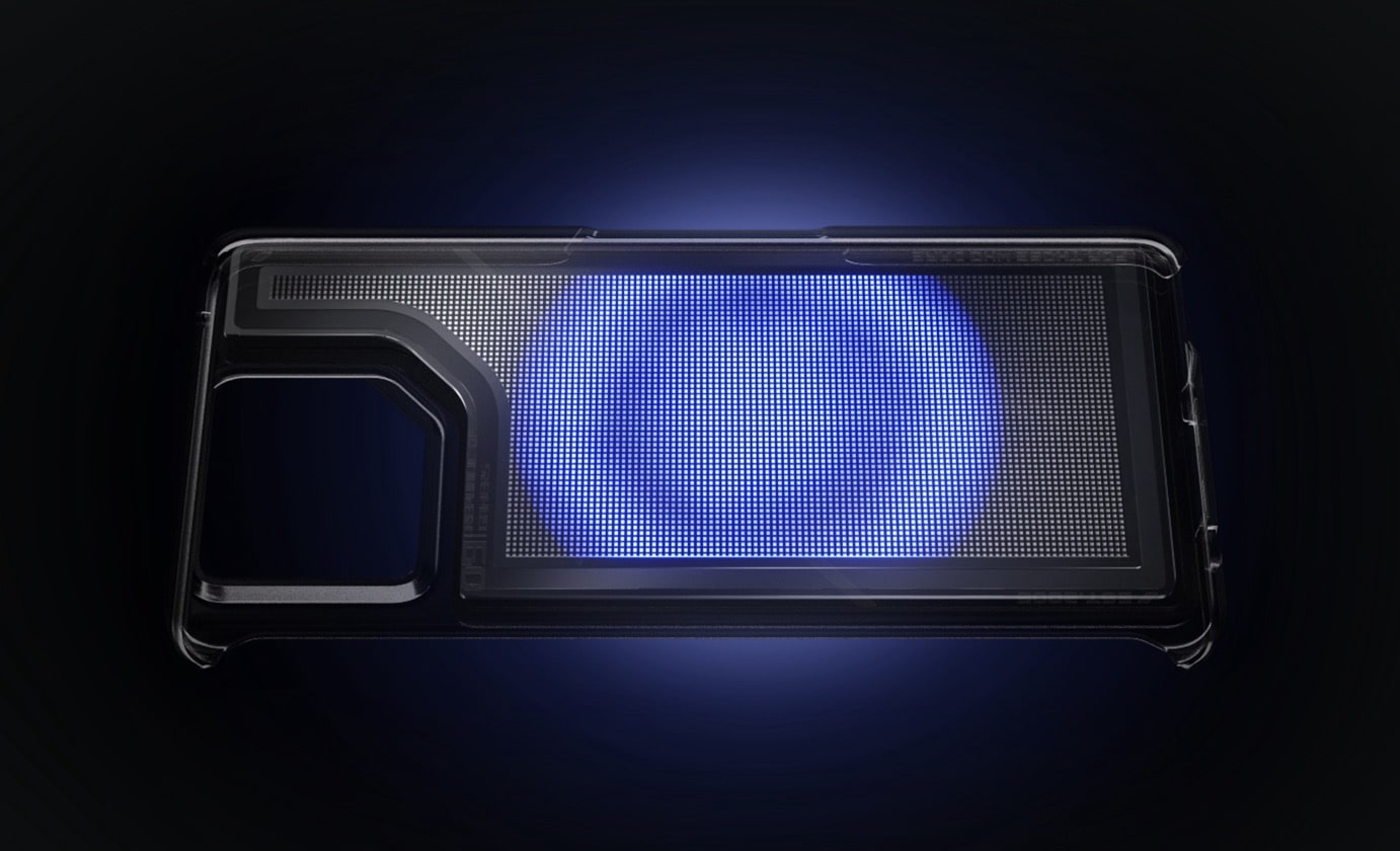 The ROG Chill Case, with the composite vapor chamber inside, suspended against a background of light dots.