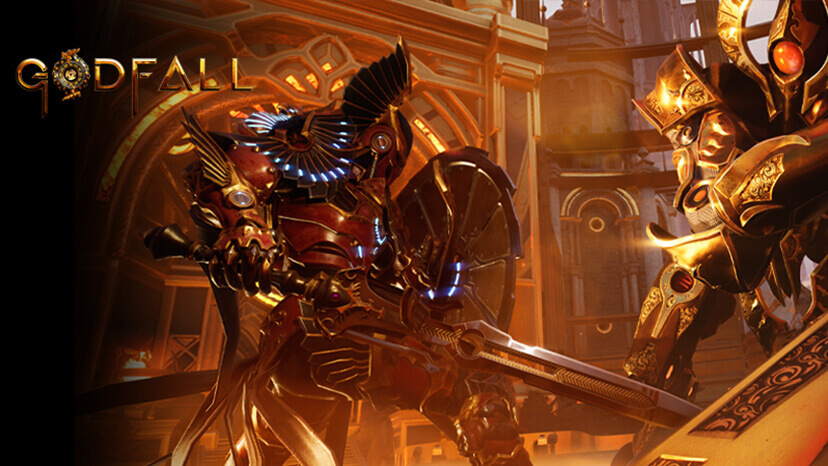 Screenshot from the game GODFALL showing two heavily armored characters engaged in combat