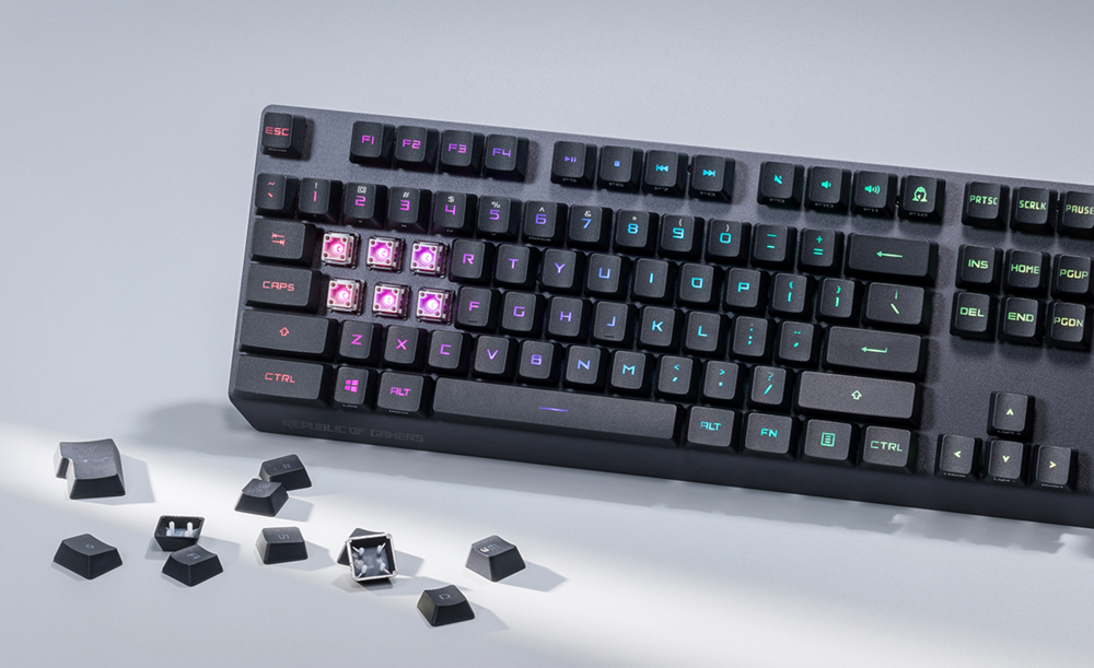 ROG Strix Scope RX with some keycaps removed to show the ROG RX switches