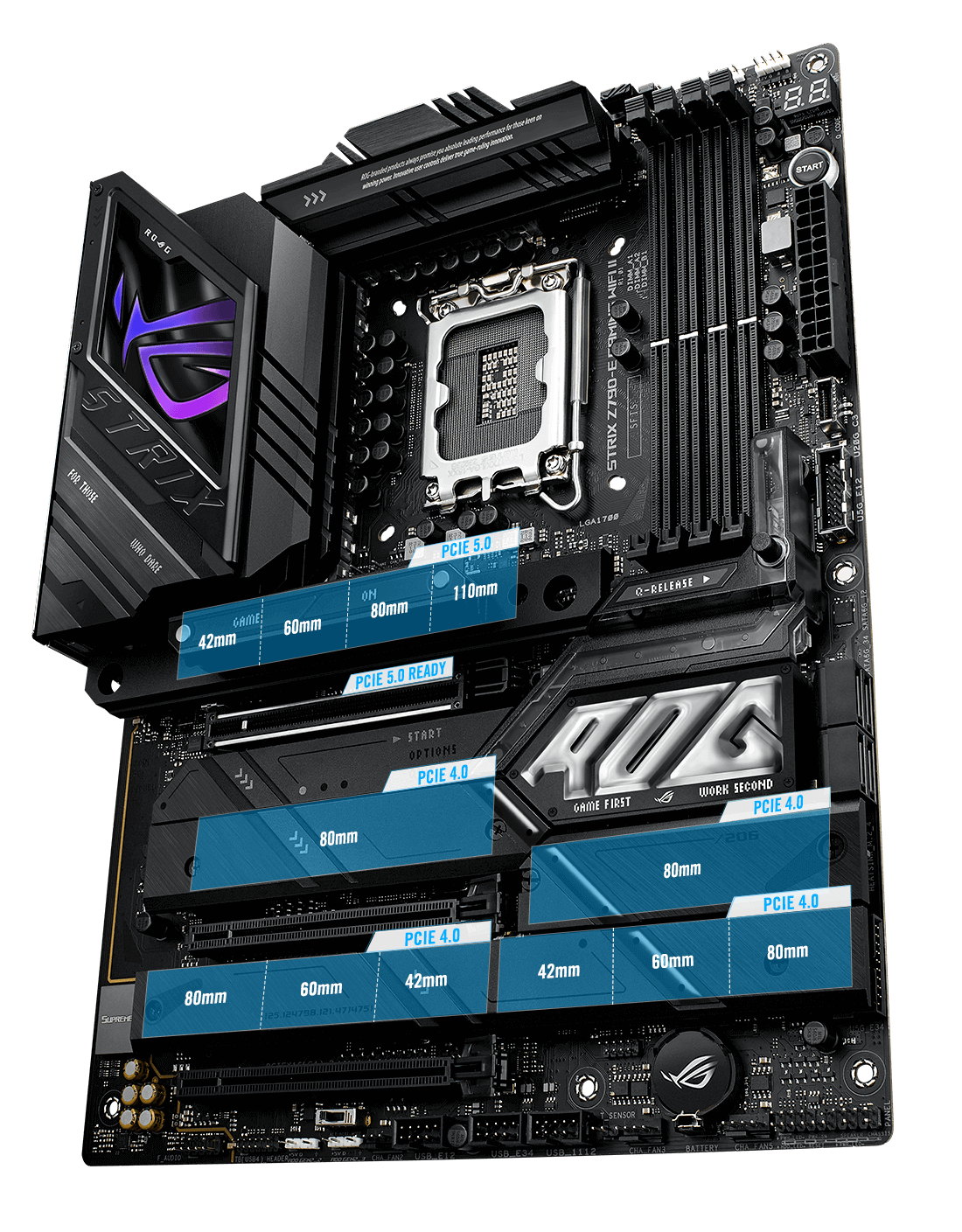 The Strix Z790-E II PCIe 5.0 M.2 and expansion slot layout