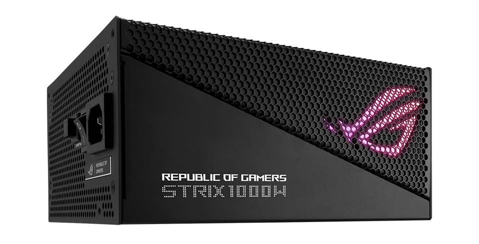 Widok z boku pod kątem na jednostkę zasilającą ROG Strix 1000W Gold Aura Edition, z pokazaną aluminiową obudową.