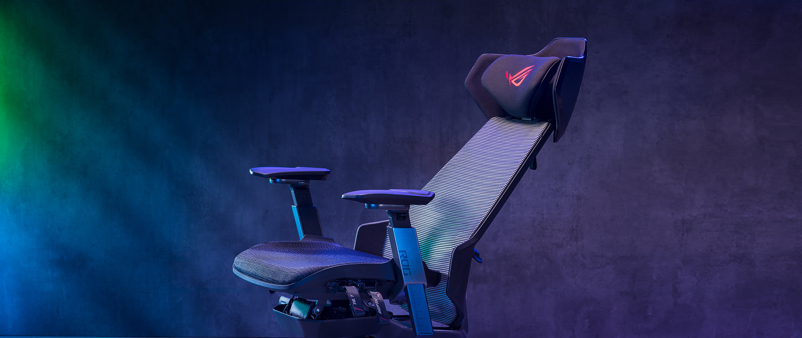 ROG Destrier Ergo Gaming Chair side view with backrest reclined at an angle