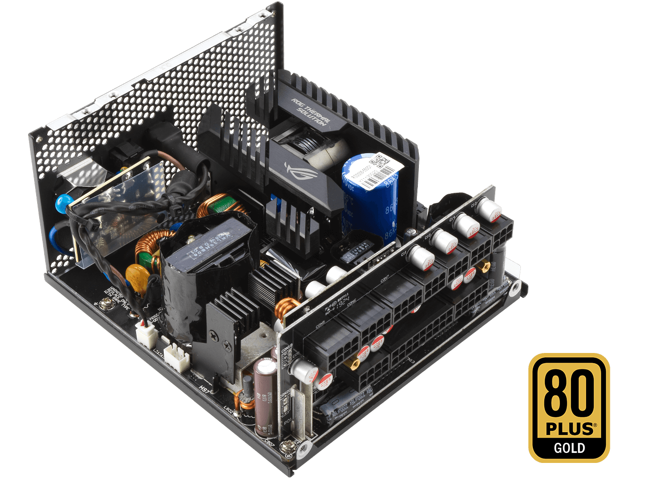 Three-quarter image showing the internal structure of ROG Strix 850W GUNDAM EDITION with 80 PLUS GOLD logo