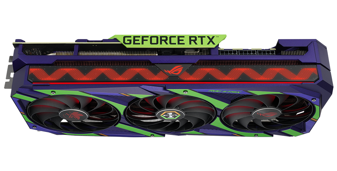 Bovenaanzicht van de ROG Strix GeForce RTX 3080 12GB EVA Edition, met de nadruk op de dikte van de kaart en het RGB-element.