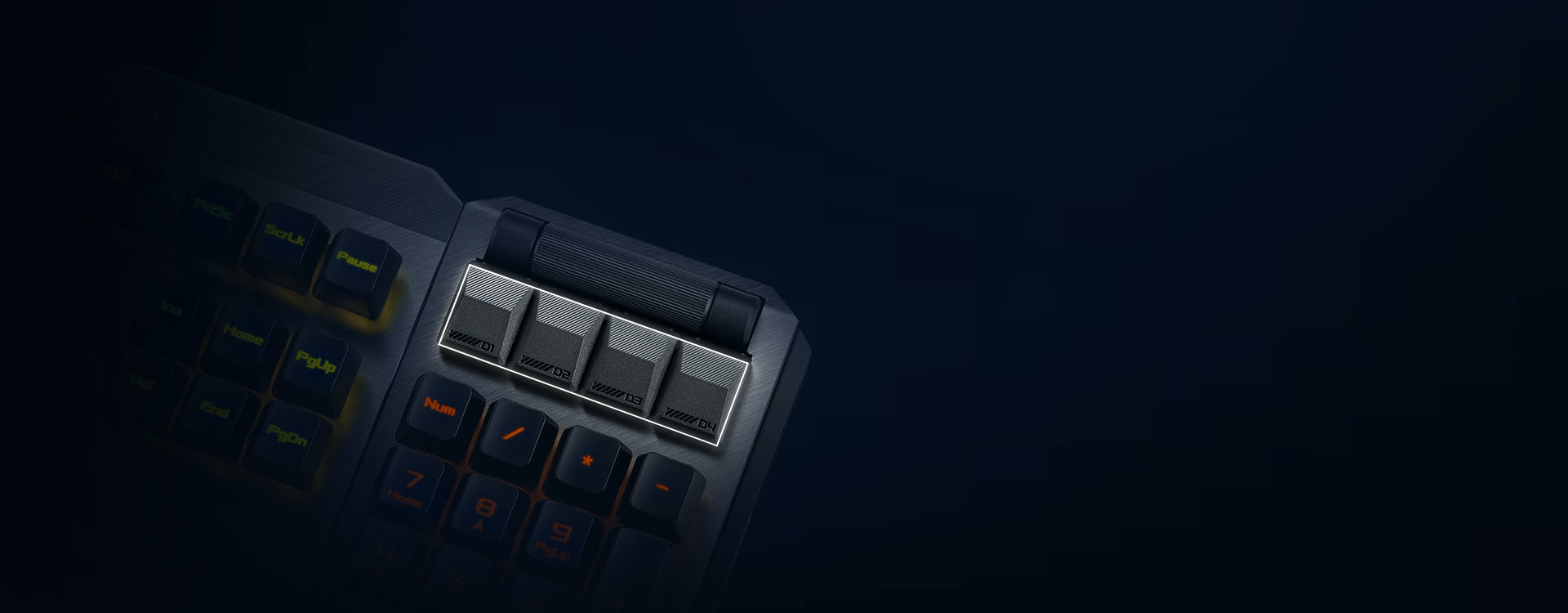 Close-up view of ROG Claymore II to show the four extra buttons on the numpad