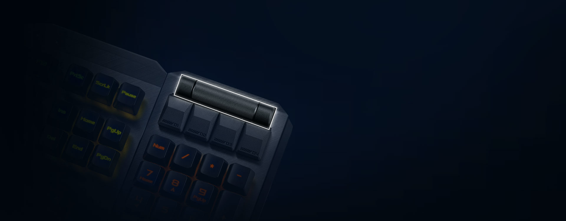 Close-up view of ROG Claymore II to show the volume control wheel on the numpad