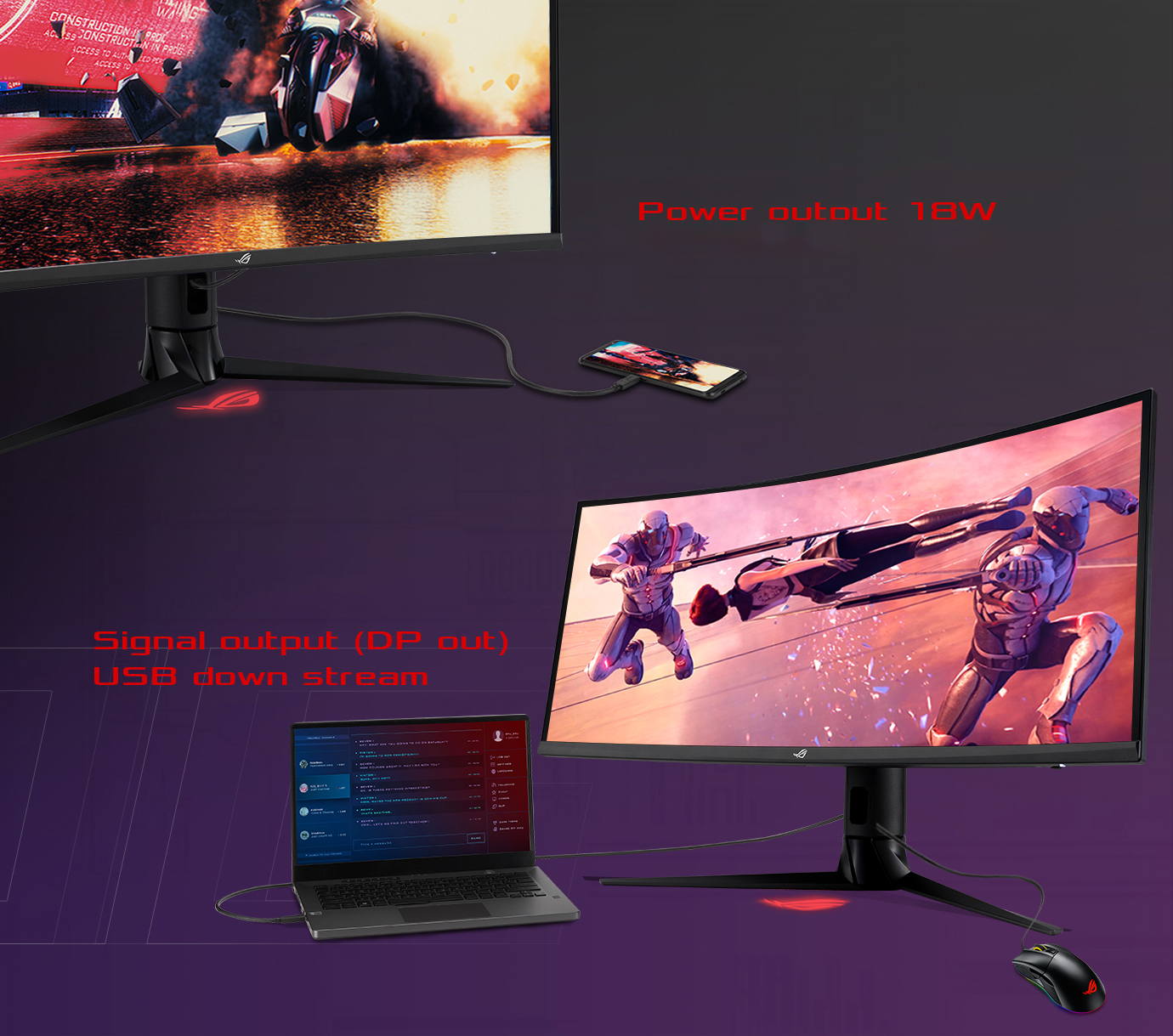 ROG Strix XG309CM đang sạc cho điện thoại di động qua cáp và Chuột có thể điều khiển laptop bằng cách kết nối qua ROG Strix XG309CM