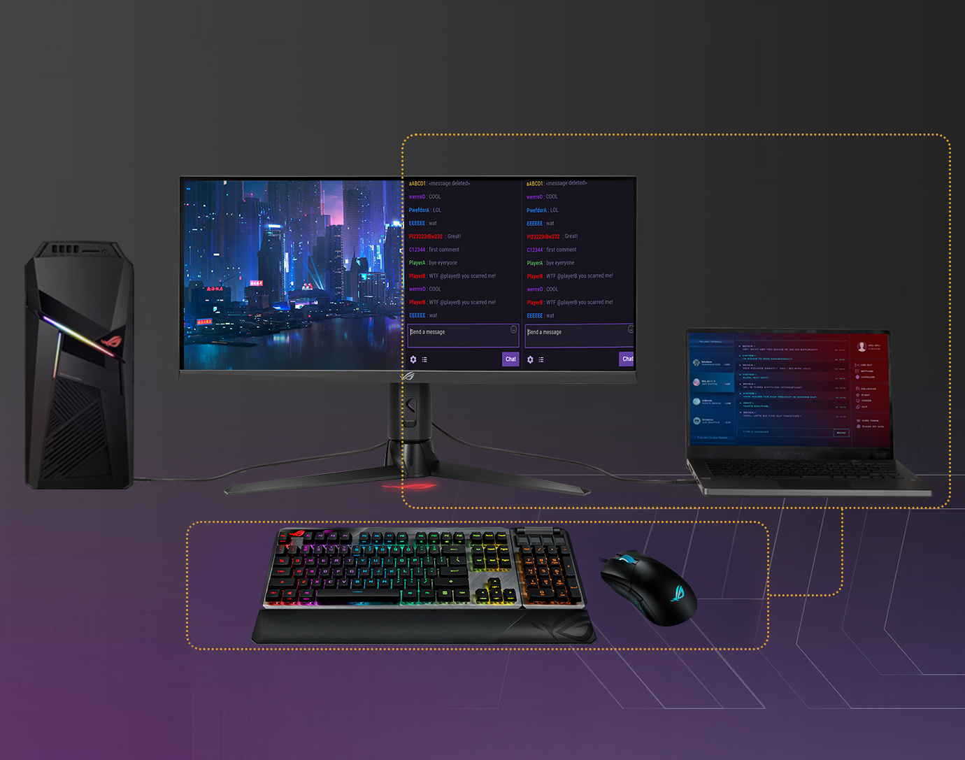 A ROG Strix XG309CM is shown connected to laptop and PC, via just one one keyboard and mouse pad