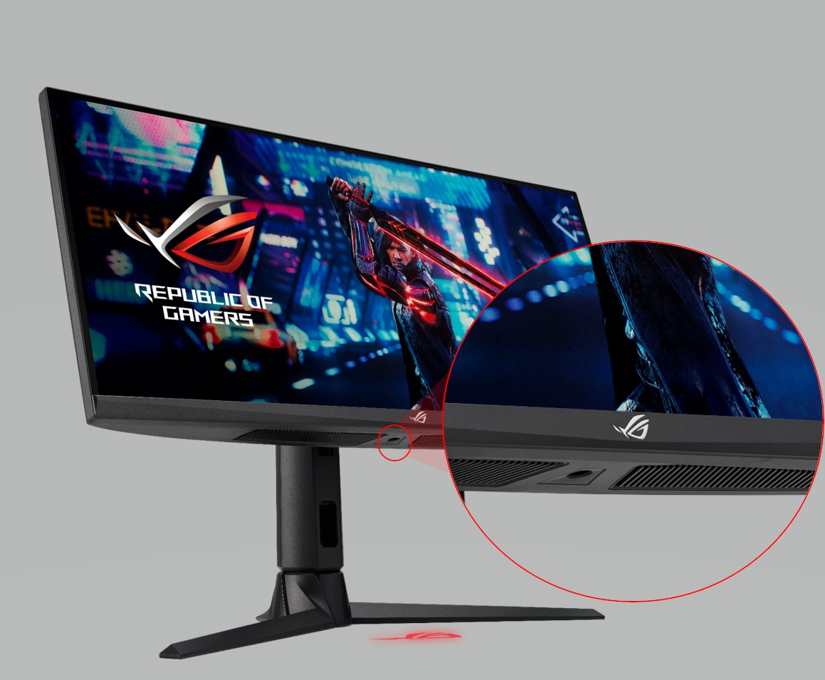 ROG Strix XG309CM nhìn từ trên xuống với thiết kế cổng cắm có hiệu ứng đèn nổi bật