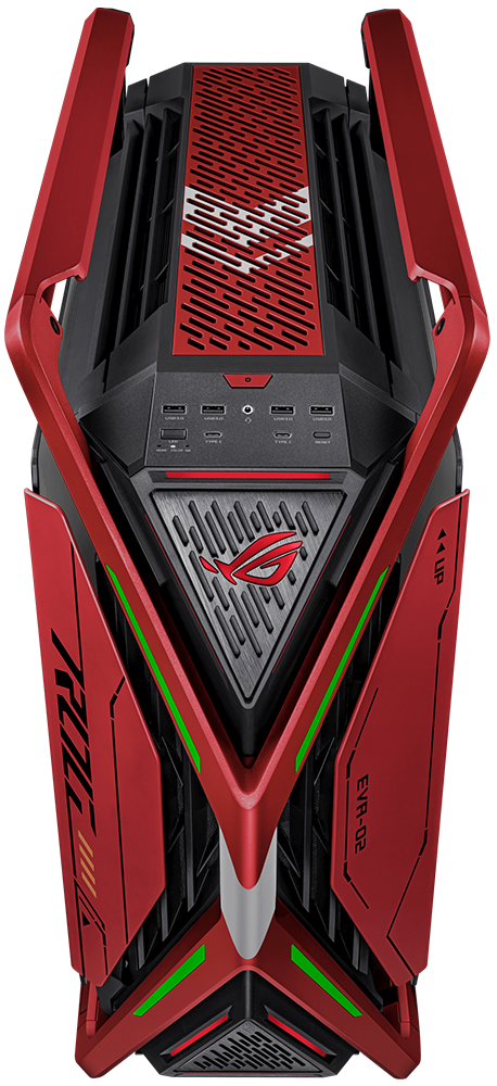 Top-down angle of ROG Hyperion EVA-02 Edition, focus on the X-shape main frame