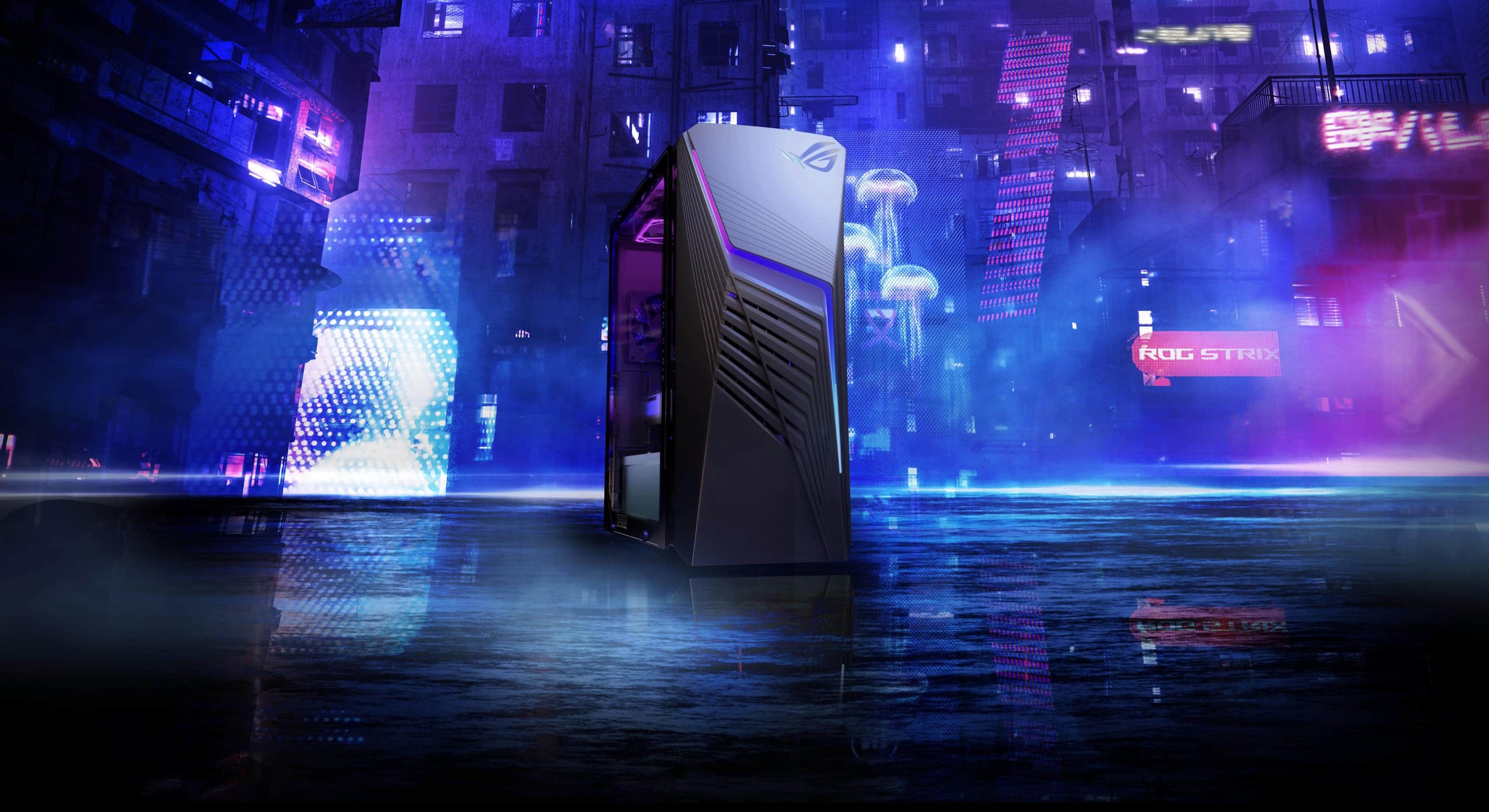 Strix G13CH på en gata i en stad med en cyberpunkig och neonfärgad stadsbild bakom datorn.
