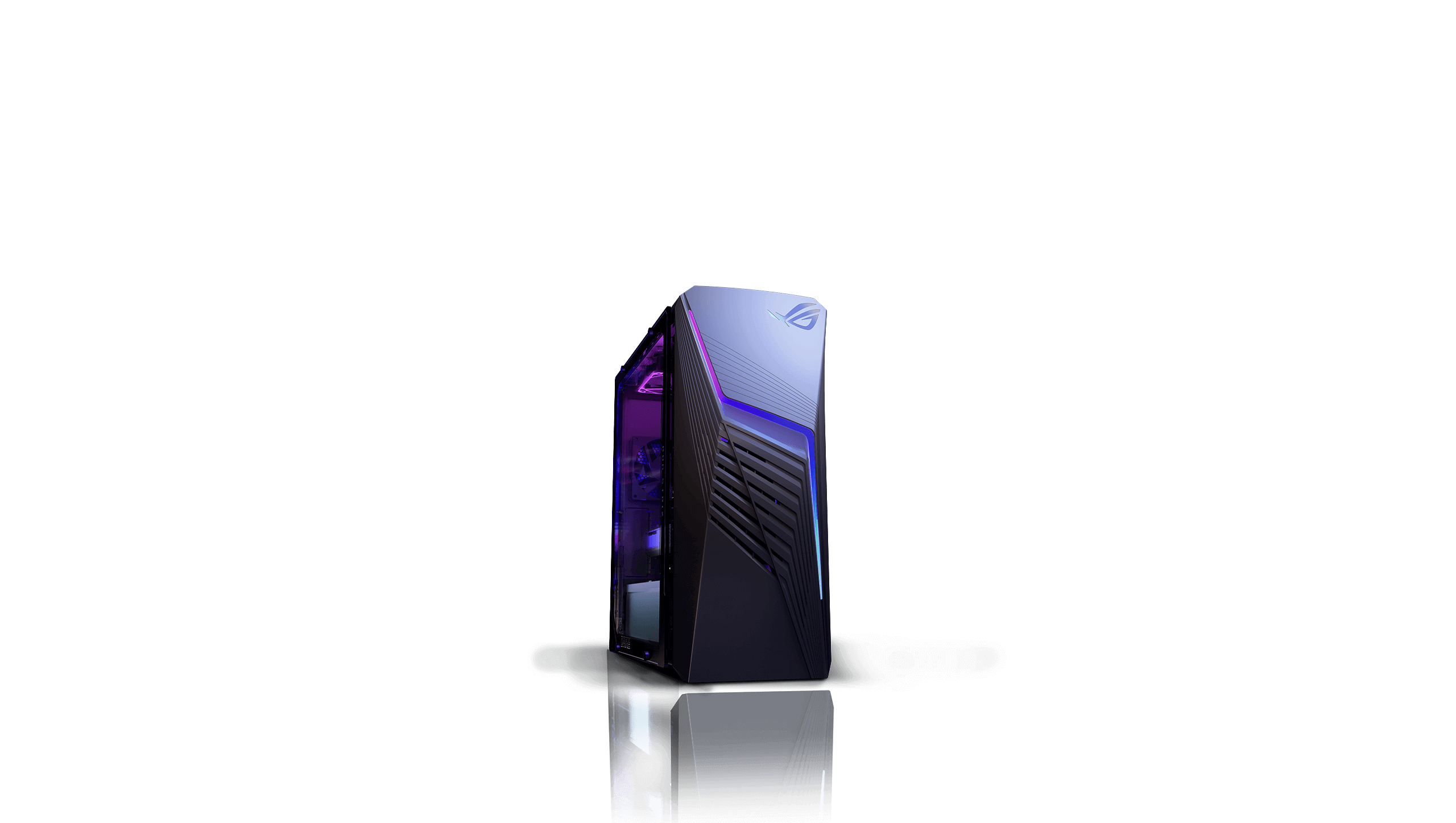 The Strix G13CH on a street, flanked by logos for Intel and NVIDIA, with a cityscape in the background.